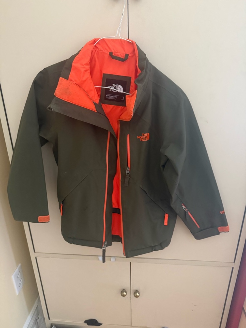 The North Face Kids Olive Green Raincoat with Orange Accents